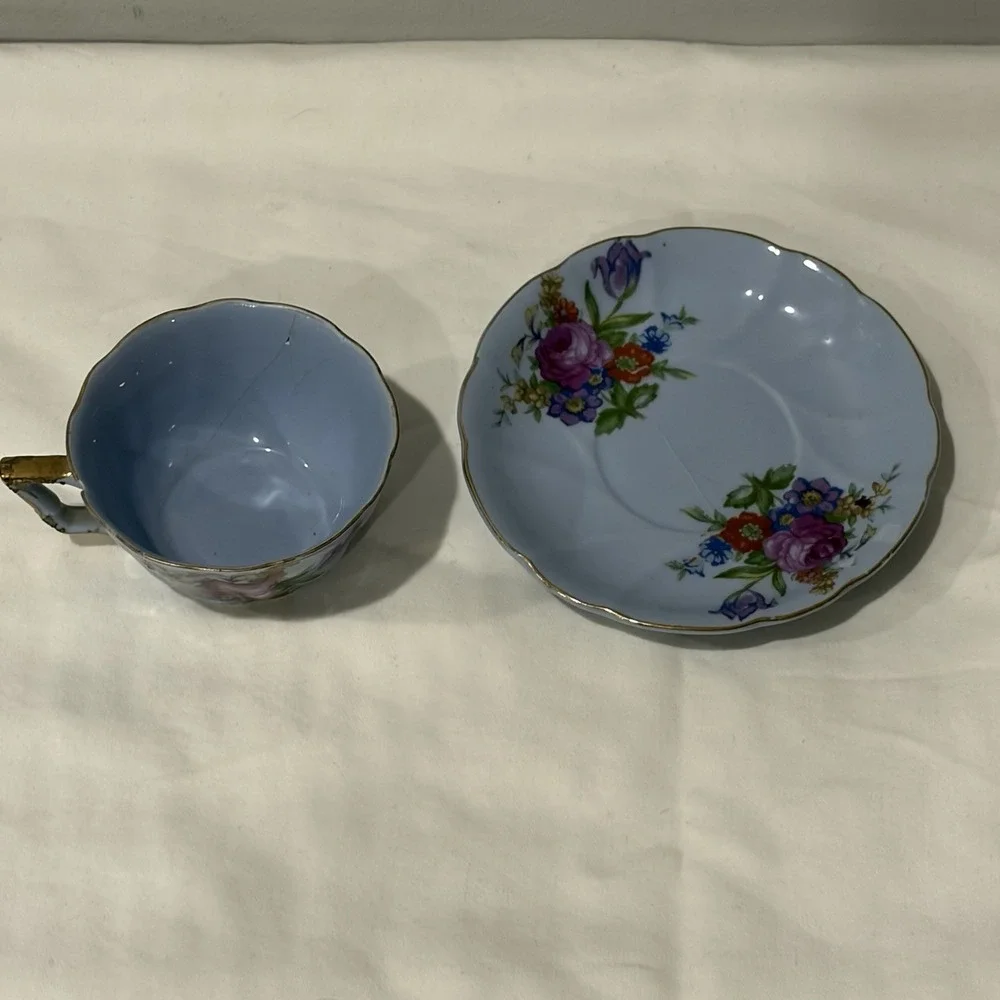 Vintage Richard Japan Teacup Set Blue Gold Flowers Cottage Core‎